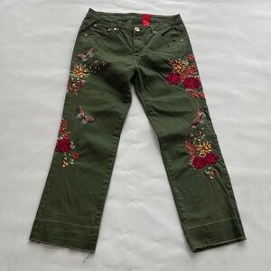 V Christina Olive Green Pants Colorful Floral &
Butterfly Embroidery